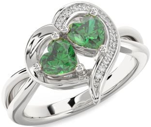 Diamond Emerald Silver Two Heart Birthstone Ring