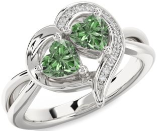 Green Diamond Silver Two Heart Ring