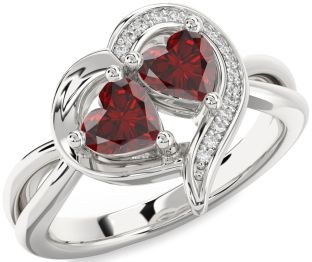 Diamond Emerald Silver Two Heart Birthstone Ring