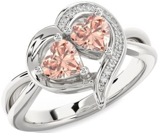 Diamond Morganite Silver Two Heart Ring