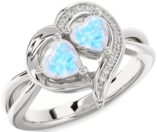 Diamond Emerald Silver Two Heart Birthstone Ring