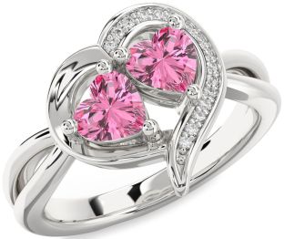 Diamond Pink Sapphire Silver Two Heart Ring