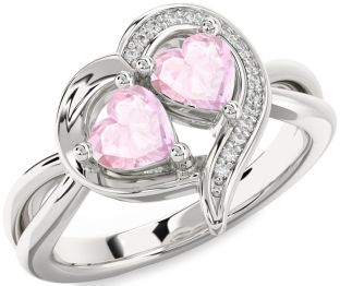 Diamond Rose Quartz Silver Two Heart Ring