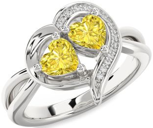 Yellow Diamond Silver Two Heart Ring