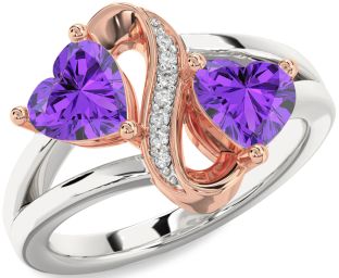 Diamond Emerald Platinum & Rose Gold Infinity Two Heart Birthstone Ring