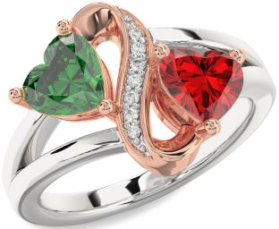 Diamond Emerald Platinum & Rose Gold Infinity Two Heart Birthstone Ring