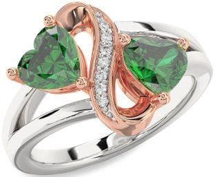 Diamond Emerald Platinum & Rose Gold Infinity Two Heart Birthstone Ring