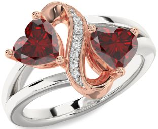 Diamond Emerald Platinum & Rose Gold Infinity Two Heart Birthstone Ring