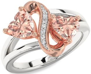 Diamond Emerald Platinum & Rose Gold Infinity Two Heart Birthstone Ring