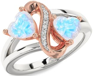 Diamond Emerald Platinum & Rose Gold Infinity Two Heart Birthstone Ring