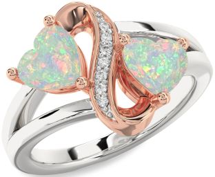 Diamond Emerald Platinum & Rose Gold Infinity Two Heart Birthstone Ring