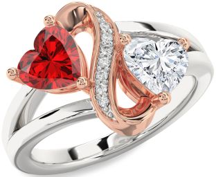 Diamond Emerald Platinum & Rose Gold Infinity Two Heart Birthstone Ring