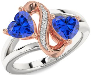 Diamond Emerald Platinum & Rose Gold Infinity Two Heart Birthstone Ring