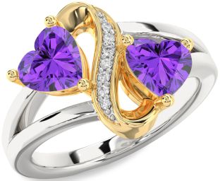 Diamond Emerald Platinum & Yellow Gold Infinity Two Heart Birthstone Ring