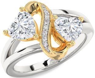 Diamond White Yellow Gold Infinity Two Heart Ring