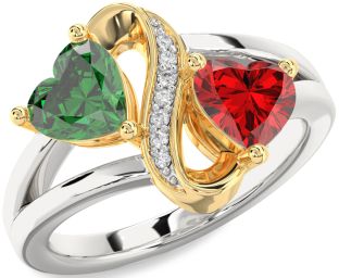 Diamond Emerald Platinum & Yellow Gold Infinity Two Heart Birthstone Ring