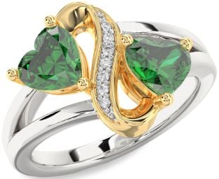 Diamond Emerald Platinum & Yellow Gold Infinity Two Heart Birthstone Ring