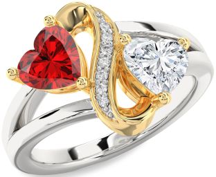 Diamond Emerald Platinum & Yellow Gold Infinity Two Heart Birthstone Ring