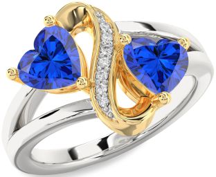 Diamond Emerald Platinum & Yellow Gold Infinity Two Heart Birthstone Ring