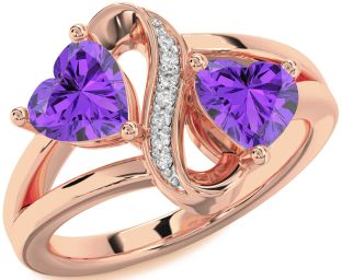 Diamond Emerald Rose Gold Infinity Two Heart Birthstone Ring