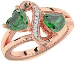 Diamond Emerald Rose Gold Infinity Two Heart Birthstone Ring