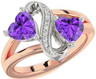 Diamond Emerald Platinum & Rose Gold Infinity Two Heart Birthstone Ring