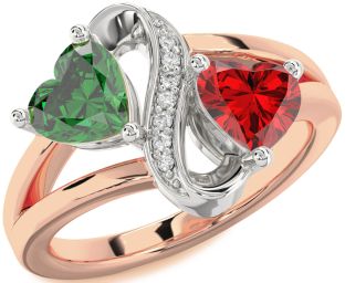 Diamond Emerald Platinum & Rose Gold Infinity Two Heart Birthstone Ring