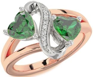 Diamond Emerald White Rose Gold Infinity Two Heart Birthstone Ring