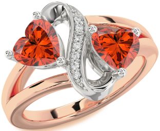 Diamond Emerald Platinum & Rose Gold Infinity Two Heart Birthstone Ring