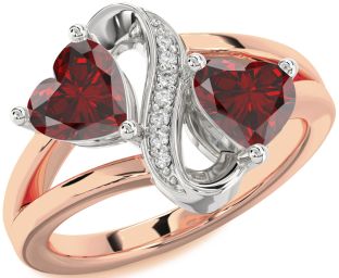Diamond Emerald Platinum & Rose Gold Infinity Two Heart Birthstone Ring