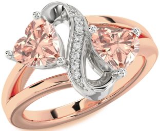 Diamond Emerald Platinum & Rose Gold Infinity Two Heart Birthstone Ring