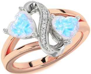 Diamond Emerald Platinum & Rose Gold Infinity Two Heart Birthstone Ring