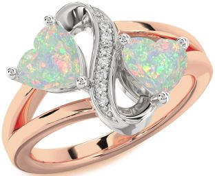 Diamond Emerald Platinum & Rose Gold Infinity Two Heart Birthstone Ring