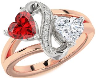 Diamond Emerald Platinum & Rose Gold Infinity Two Heart Birthstone Ring