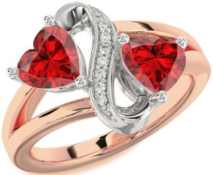 Diamond Emerald White Rose Gold Infinity Two Heart Birthstone Ring