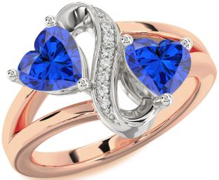 Diamond Emerald Platinum & Rose Gold Infinity Two Heart Birthstone Ring