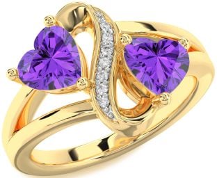 Diamond Emerald Gold Infinity Two Heart Birthstone Ring