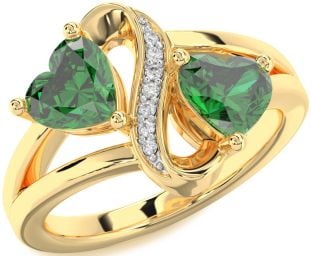 Diamond Emerald Gold Infinity Two Heart Birthstone Ring