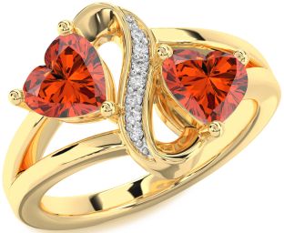 Diamond Emerald Gold Infinity Two Heart Birthstone Ring