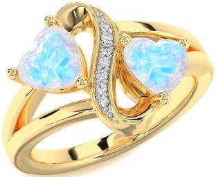 Diamond Emerald Gold Infinity Two Heart Birthstone Ring