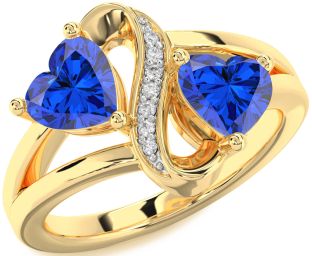 Diamond Emerald Gold Infinity Two Heart Birthstone Ring