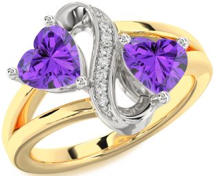 Diamond Emerald Platinum & Yellow Gold Infinity Two Heart Birthstone Ring