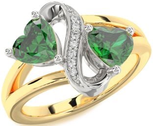 Diamond Emerald Platinum & Yellow Gold Infinity Two Heart Birthstone Ring
