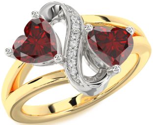 Diamond Emerald Platinum & Yellow Gold Infinity Two Heart Birthstone Ring