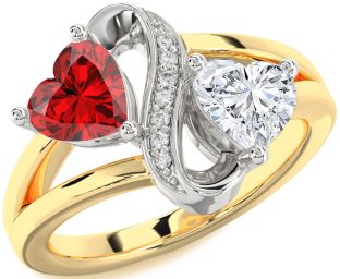 Diamond Emerald Platinum & Yellow Gold Infinity Two Heart Birthstone Ring