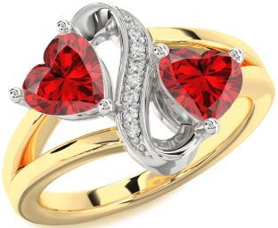 Diamond Emerald Platinum & Yellow Gold Infinity Two Heart Birthstone Ring