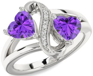 Diamond Emerald Silver Infinity Two Heart Birthstone Ring