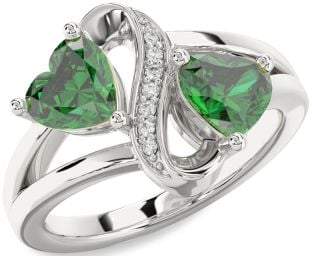Diamond Emerald Silver Infinity Two Heart Birthstone Ring