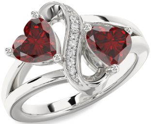 Diamond Emerald Silver Infinity Two Heart Birthstone Ring