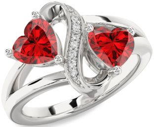 Diamond Emerald Silver Infinity Two Heart Birthstone Ring